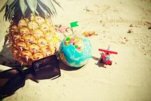 alt="Picture of Globe toy plane and pineapple of the beach"