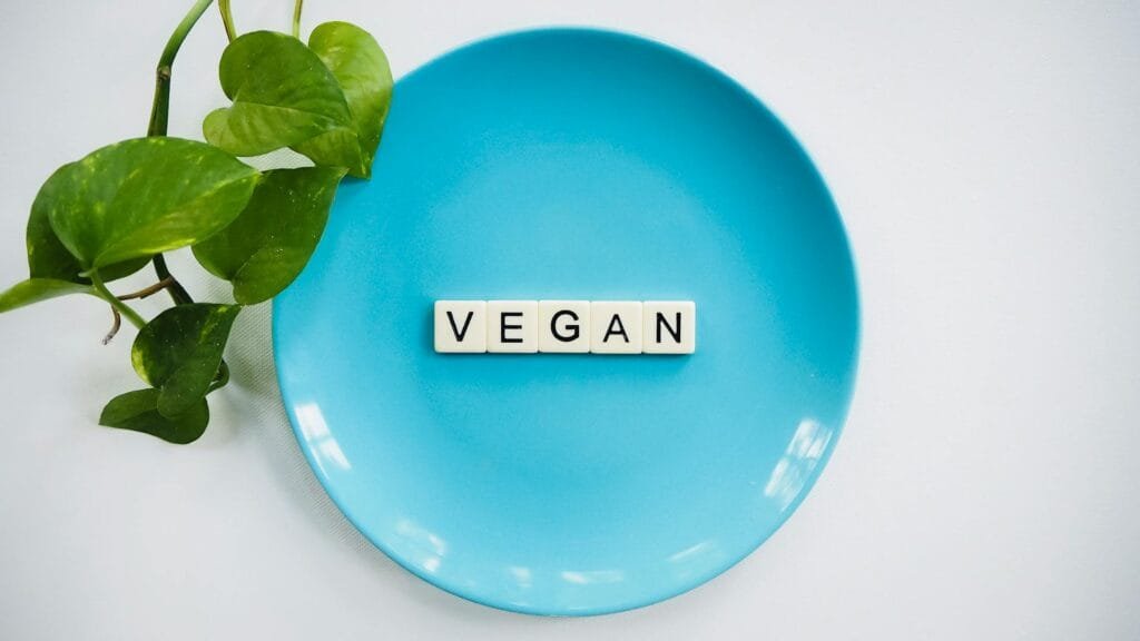 alt="Image of Ceramic plate with tiles vegan written on it"