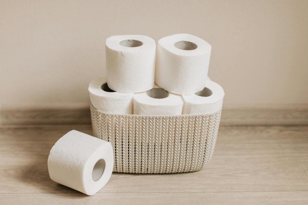 alt="Image of Toilet papers in a basket"