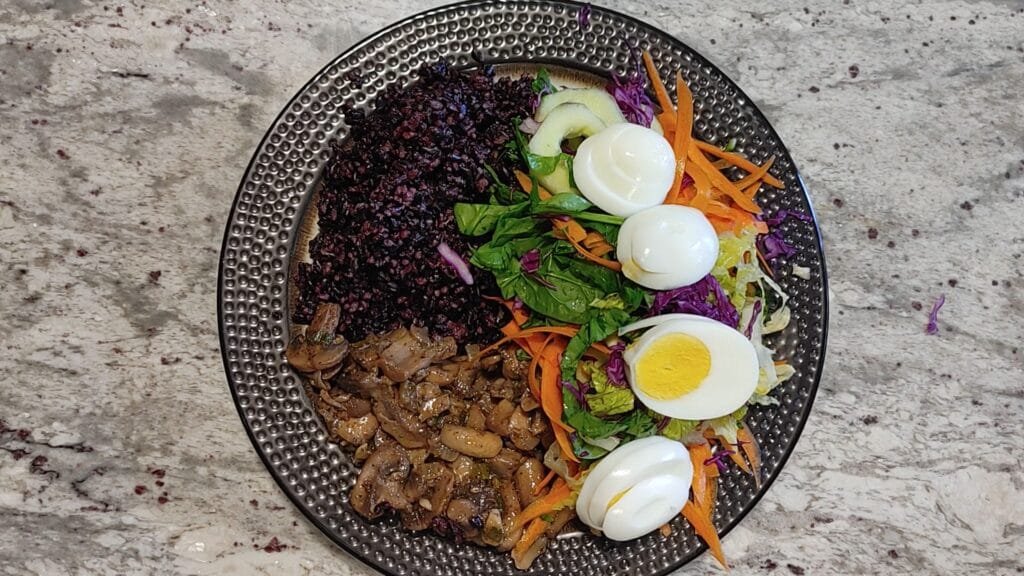 alt="Plating Black Rice Mushroom Salad Eggs"